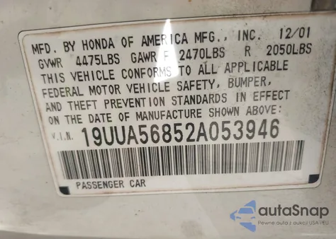 2002 Acura Tl 3.2 Type S from USA, damaged, VIN 19UUA56852A053946